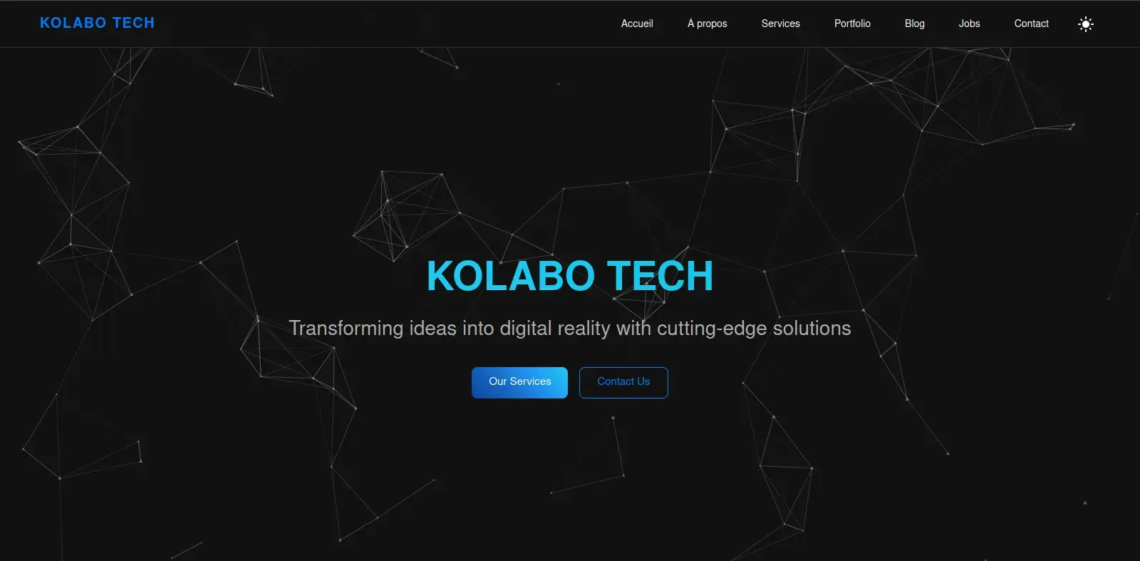 KolaboTech - A tech company website built with Next.js and TailwindCSS, featuring a modern design, dark mode, and responsive layout. Showcases services, team members, and contact information.